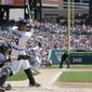 Detroit Tigers&#39; Miguel Cabrera connects for a 3-run home run during the second inning of a baseball game against the Minnesota Twins in Detroit, Saturday, May 10, 2014. (AP Photo/Carlos Osorio)