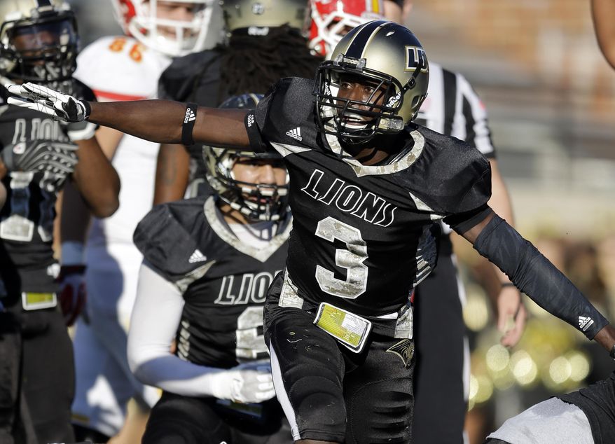 FILE - In this Nov. 9, 2013, file photo, Lindenwood cornerback Pierre Desir celebrates after forcing a fumble during the first quarter of an NCAA football game against Pittsburg State in St. Charles, Mo. Sticking to their draft strategy, the Cleveland Browns selected Desir from Lindenwood, a Division II school in Missouri, in the fourth round of the NFL draft on Saturday, May 10, 2014. (AP Photo/Jeff Roberson, File)