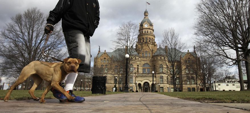 FILE - In this Wednesday, March 11, 2009 file photo, a resident walks past the historic Trumbull County Courthouse, built in 1895 and the centerpiece of Warren, Ohio. This weekend, county officials from around the state are gathering in Columbus for the Ohio Courthouse Symposium to share ideas with historic preservationists, judges, architects and others for preserving the state’s many historically significant county-seat edifices. (AP Photo/Amy Sancetta, File)