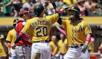 Oakland Athletics&#39; Derek Norris, right, celebrates his three-run home run with teammate Josh Donaldson (20) during the first inning of a baseball game against the Washington Nationals, Sunday, May 11, 2014, in Oakland, Calif. (AP Photo/Marcio Jose Sanchez)