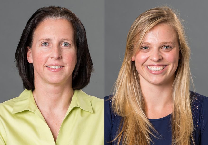 This combination made with photos provided by the University of Richmond shows associate head coach Ginny Doyle, left, and director of basketball operations Natalie Lewis. Doyle and Lewis were two of the three people aboard a hot air balloon that drifted into a power line, burst into flames and crashed on Friday, May 9, 2014, in Virginia. Investigators say their remains were found about a mile apart in dense woods. (AP Photo/University of Richmond, Frank Strauss)
