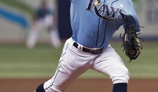 Tampa Bay Rays starter Chris Archer pitches against the Cleveland Indians during the first inning of a baseball game on Sunday, May 11, 2014, in St. Petersburg, Fla. (AP Photo/Steve Nesius)