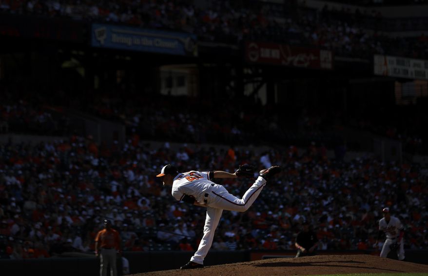 Sunlight shines on Baltimore Orioles relief pitcher Troy Patton as he follows through on a pitch to the Houston Astros in the ninth inning of a baseball game, Sunday, May 11, 2014, in Baltimore. Houston won 5-2. (AP Photo/Patrick Semansky)