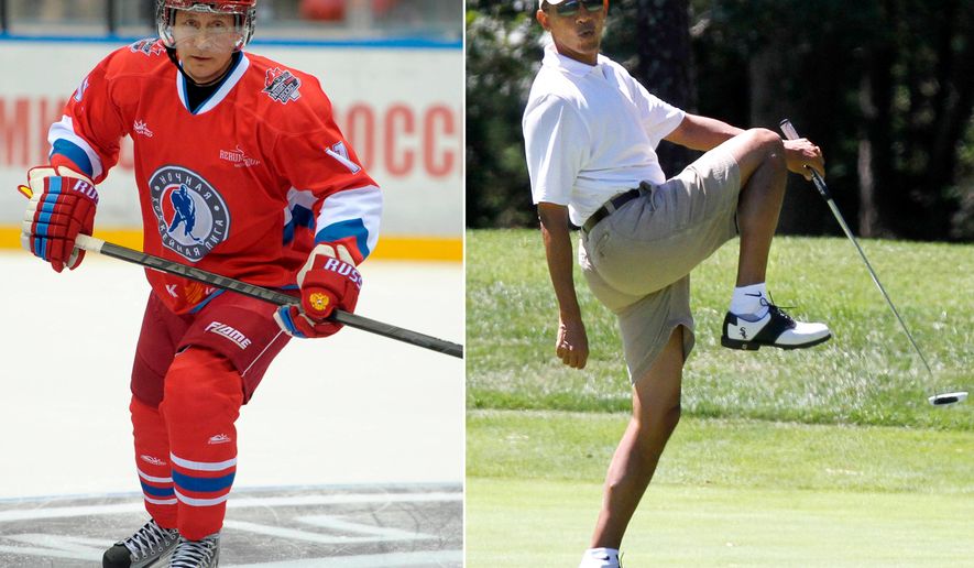 Photo illustration showing Russian President Vladimir Putin in hockey gear and President Barack Obama on the golf course.
