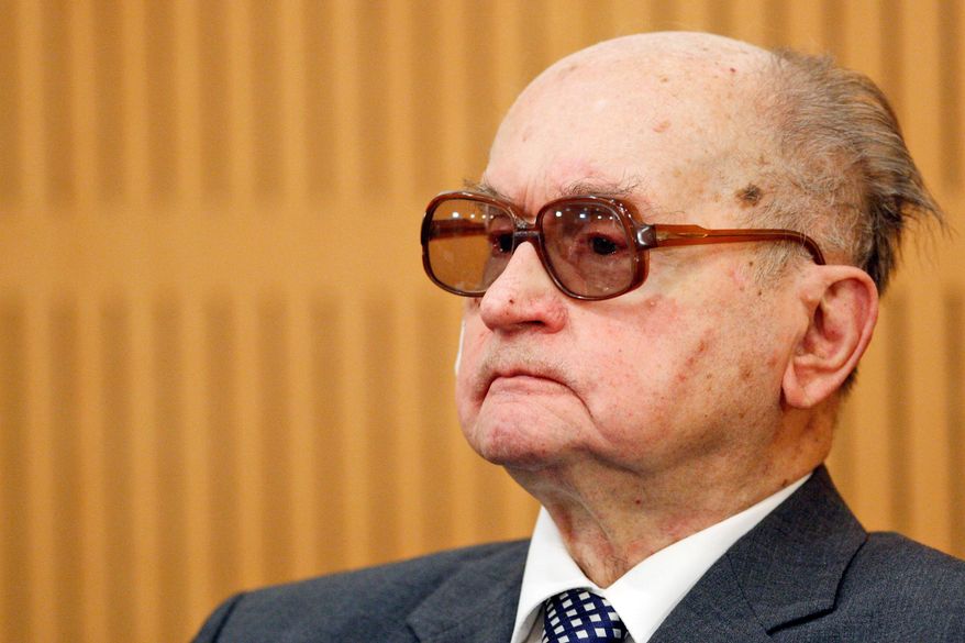 FILE - This is a Friday Sept. 18, 2009 file photo of Poland's last communist leader, Wojciech Jaruzelski, as he attends a symposium entitled "Poland, Coming out of Communism 20 years after" in Paris . A hospital spokesman at Warsaw's Military Medical Institute, said Tuesday May 13, 214 that Wojciech Jaruzelski, had suffered a stroke and is in serious but stable condition. (AP Photo/Francois Mori, File)