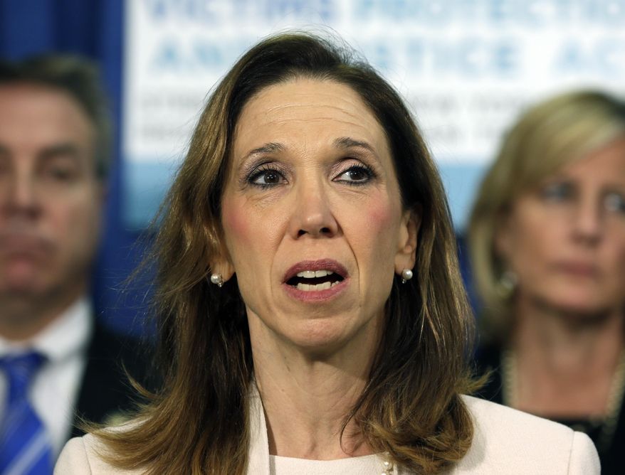 Assemblywoman Amy Paulin, D-Scarsdale, talks about legislation to strengthen penalties for human trafficking during a news conference on Tuesday, May 13, 2014, in Albany, N.Y. Despite widespread support, the measure failed last year after being included in legislation that also contained a controversial abortion provision opposed by some senators. Paulin is sponsoring the trafficking proposal as a stand-alone bill this year. She says human trafficking must be addressed without delay. (AP Photo)