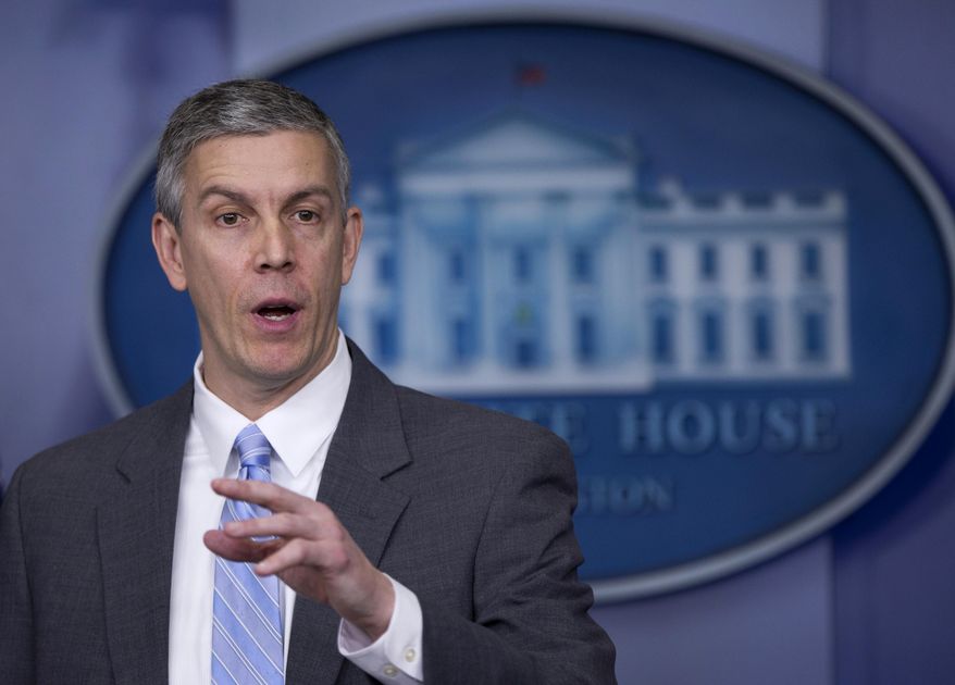 FILE - This March 14, 2014 file photo shows Education Secretary Arne Duncan speaking in the Brady Press Briefing Room of the White House in Washington. Student lender Sallie Mae has reached a $60 million settlement with the federal government to resolve allegations it charged military service members excessive interest rates on their student loans. The settlement was announced Tuesday by Attorney General Eric Holder and Duncan. (AP Photo/Manuel Balce Ceneta, File)