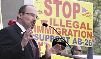 FILE - In this April 4, 2011 file photo is Assemblyman Tim Donnelly, R-Twin Peaks, at a news conference in Sacramento, Calif.  Donnelly and another Republican,  businessman  Neel Kashkari, are challenging Gov. Jerry Brown in his bid to win reelection.  (AP Photo/File)