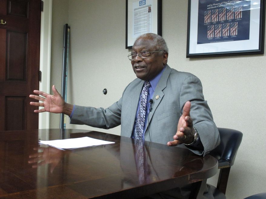 U.S. Rep. Jim Clyburn, D-S.C., talks to reporters in his office on Wednesday, May 14, 2014, in Columbia, S.C. (AP Photo) ** FILE **