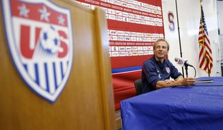 U.S. men&#39;s soccer coach Jurgen Klinsmann answers questions during a news conference Wednesday, May 14, 2014, in Stanford, Calif. The U.S. team is practicing at Stanford University before the team&#39;s May 27 exhibition against Azerbaijan at Candlestick Park in San Francisco. (AP Photo/Tony Avelar)