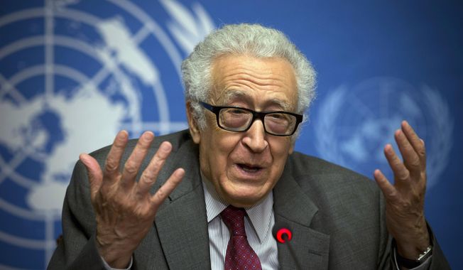 FILE - In this Jan. 27, 2014 file photo, U.N. mediator Lakhdar Brahimi listens during a press briefing at the United Nations headquarters in Geneva, Switzerland. Brahimi will resign as the joint U.N.-Arab League envoy on Syria after a nearly two-year effort that failed to bring peace to the war-ravaged country, the U.N. chief announced Tuesday, May 13, 2014. He will step down May 31. (AP Photo/Anja Niedringhaus, File)