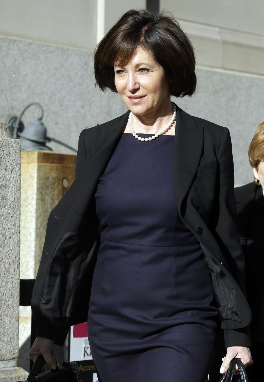 FILE - In this May 2, 2014 file photo, Francine Katz leaves the Civil Court building in St. Louis. Katz sued Anheuser-Busch in 2009 for gender discrimination, a year after resigning as vice president of communications and consumer affairs for the maker of Budweiser, Bud Light and other beers. Closing arguments are expected Thursday, May 15, 2014 in the case after nearly three weeks of testimony. (AP Photo/Jeff Roberson, File)