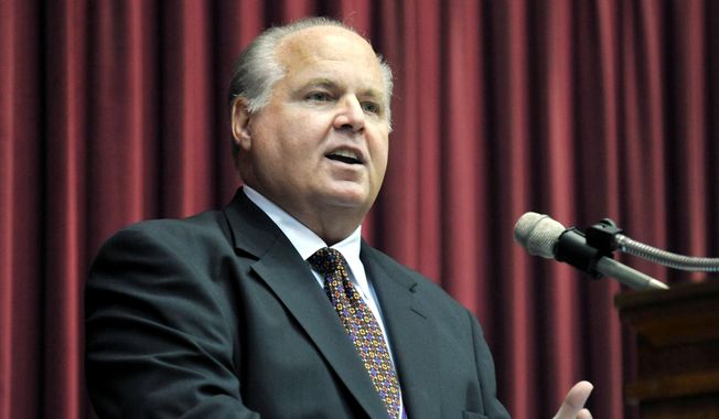 This May 14, 2012, file photo shows conservative commentator Rush Limbaugh speaking during a ceremony inducting him into the Hall of Famous Missourians in the state Capitol in Jefferson City,  Mo. (AP Photo/Julie Smith, File) **FILE**