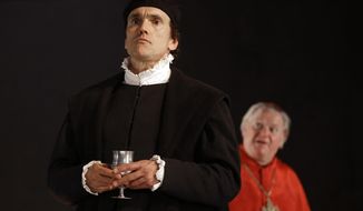 In this Thursday, May 15, 2014 photo, a scene from &#39;Wolf Hall&#39; with Ben Miles as Thomas Cromwell, foreground, and Paul Jesson as Cardinal Wolsey, right, during a media opportunity at the Aldwych Theatre in London. Hilary Mantel&#39;s Booker Prize-winning best-seller about deadly intrigue at the court of King Henry VIII will soon be a BBC series with Tony Award-winner Mark Rylance and &amp;quot;Homeland&amp;quot; star Damian Lewis. &amp;quot;Wolf Hall&amp;quot; and sequel &amp;quot;Bring Up the Bodies&amp;quot; have already been adapted into plays that plunge audiences into a world of murky Tudor machinations. As the plays move to London&#39;s West End after a rave-gathering run at the Royal Shakespeare Company in Stratford-upon-Avon, Mantel said the characters&#39; complex motives and shades of gray were key to the stories&#39; adaptability. (AP Photo/Kirsty Wigglesworth)