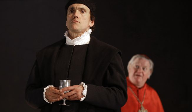 In this Thursday, May 15, 2014 photo, a scene from &#x27;Wolf Hall&#x27; with Ben Miles as Thomas Cromwell, foreground, and Paul Jesson as Cardinal Wolsey, right, during a media opportunity at the Aldwych Theatre in London. Hilary Mantel&#x27;s Booker Prize-winning best-seller about deadly intrigue at the court of King Henry VIII will soon be a BBC series with Tony Award-winner Mark Rylance and &amp;quot;Homeland&amp;quot; star Damian Lewis. &amp;quot;Wolf Hall&amp;quot; and sequel &amp;quot;Bring Up the Bodies&amp;quot; have already been adapted into plays that plunge audiences into a world of murky Tudor machinations. As the plays move to London&#x27;s West End after a rave-gathering run at the Royal Shakespeare Company in Stratford-upon-Avon, Mantel said the characters&#x27; complex motives and shades of gray were key to the stories&#x27; adaptability. (AP Photo/Kirsty Wigglesworth)