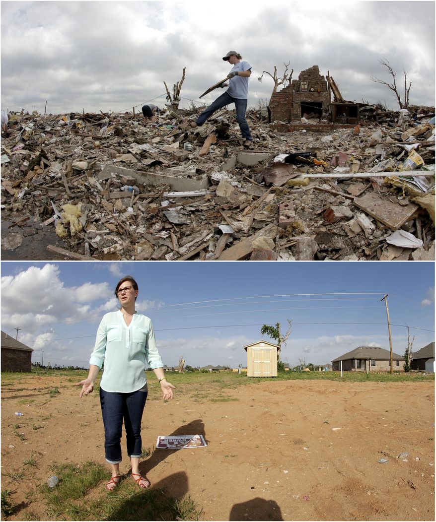 ADVANCE FOR USE MONDAY, MAY 19, AND THEREAFTER - In this photo combination, Abby Cotten sorts through the tornado-ravaged home she shared with her parents in Moore, Okla., May 25, 2013, several days after it was destroyed by an EF-5 tornado, top, and Cotten visits the site on May, 8, 2014, bottom. She said that she plans to start construction this summer on a new home for herself on the lot after her parents decided to not move back to the location. (AP Photo/Charlie Riedel)