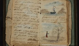 This undated image made available by The British Library in London, Friday, May 16, 2014, shows Charlotte Bronte&#39;s earliest known effort at writing, a short story written for Anne, the baby of the family. It it also the first of the little books made by the Bronte children and, as such, it does not reach the level of technical sophistication that they were later to achieve. The writing is a clumsy longhand, there is no title page or contents list and no attempt is made to imitate magazine format. The British Library is putting hundreds of its most valuable literary resources online, from the Bronte sisters’ childhood writings to William Blake’s notebook. (AP Photo/The British Library)