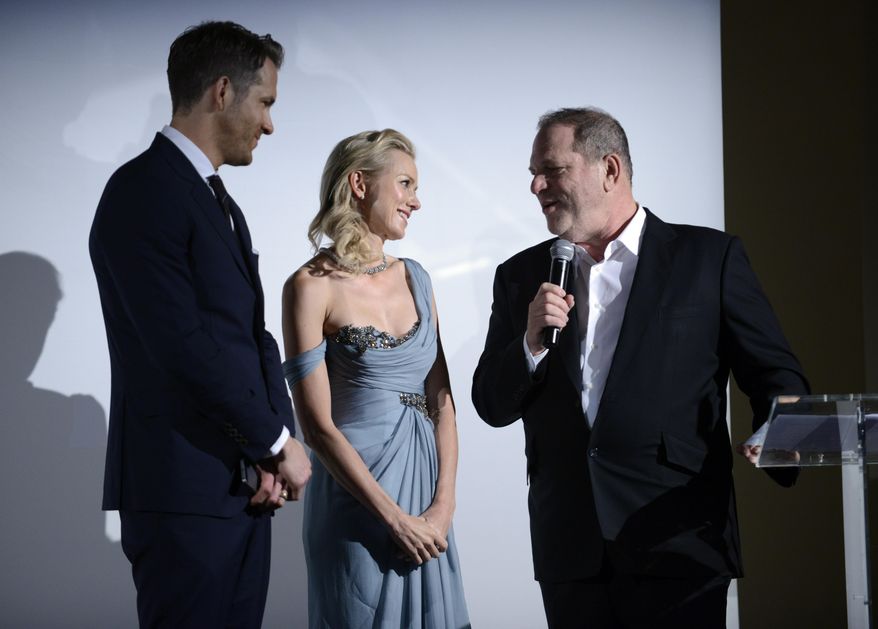 Actress Naomi Watts, center, and producer Harvey Weinstein, right, at the Weinstein Company and World View Entertainment press conference at the 67th international film festival, Cannes, southern France, Friday, May 16, 2014. (Photo by Arthur Mola/Invision/AP)