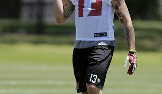 Tampa Bay Buccaneers first-round draft pick Mike Evans flips the football during NFL football rookie camp Friday, May 16, 2014, in Tampa, Fla. Evans, the seventh pick overall, played at Texas A&amp;amp;M. (AP Photo/Chris O&#39;Meara)