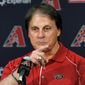Tony La Russa, newly hired as chief baseball officer for the Arizona Diamondbacks, speaks to reporters after being introduced Saturday, May 17, 2014, in Phoenix. (AP Photo/Matt York)