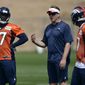 Denver Broncos defensive coordinator Jack Del Rio talks with Lamin Barrow (57) and Corey Nelson, right, during NFL football rookie camp, Sunday, May 18, 2014, in Englewood, Colo. (AP Photo/Jack Dempsey)