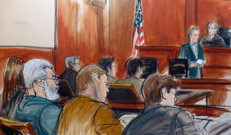 In this courtroom drawing, Egyptian Islamic preacher Mustafa Kamel Mustafa, left, sits in the courtroom of Judge Katherine Forrest, upper right, as Courtroom Deputy Joseph Pecorino reads the jury verdict sheet finding Mustafa guilty in his terrorism trial in New York Monday, May 19, 2014. Referred by prosecutors and defense lawyers alike by his alias, Abu Hamza al-Masri, Mustafa sits next to his defense lawyer Joshua Dratel, center back, who sits next to defense lawyer Jeremy Schneider, far right. In front of them is the prosecution team. (AP Photo/Elizabeth Williams)
