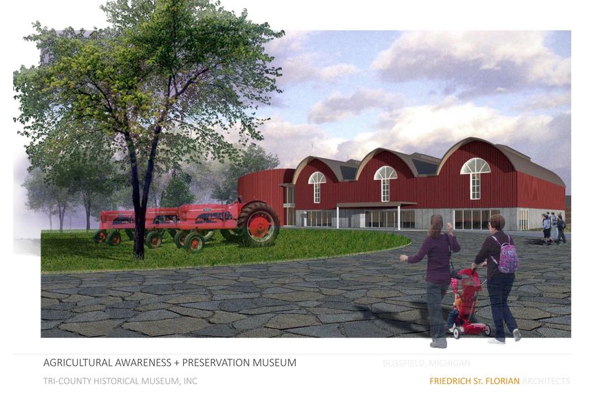 This image provided by the Agricultural Awareness & Preservation Museum shows an artist rendering of the proposed new agricultural museum in Blissfield, Mich. Rhode Island-based architect Friedrich St. Florian, who designed the World War II Memorial in Washington, D.C., said he was inspired by barns in the design for the 30,000-square-foot museum, which would be built in Blissfield, about 55 miles southwest of Detroit. He said the design was obvious and he wanted to use a structure that was a versatile and flexible part of the family farm. (AP Photo/Agricultural Awareness & Preservations Museum)