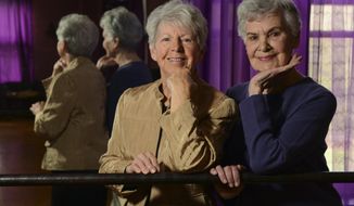 In this April 23, 2014 photo, Betty Berneking, left, 79, and Ruth Harter, 89, pose for a photo where they are the stars of Kim&#39;s School of Dance &amp;amp; Tumbling in Moline, Ill. The two tap-dancing standouts from Davenport, Iowa, have been taking tap lessons and performing for more than two decades. (AP Photo/The Dispatch, Todd Mizener) QUAD CITY TIMES OUT