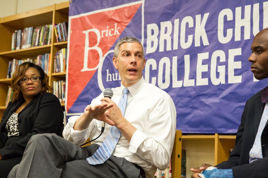 U.S. Education Secretary Arne Duncan participates in a discussion about improving K-12 education at Brick Church College Prep in Nashville, Tenn., on Tuesday, May 20, 2014. Duncan later spoke to an association of education writers and to teachers at Vanderbilt University. (AP Photo/Erik Schelzig)