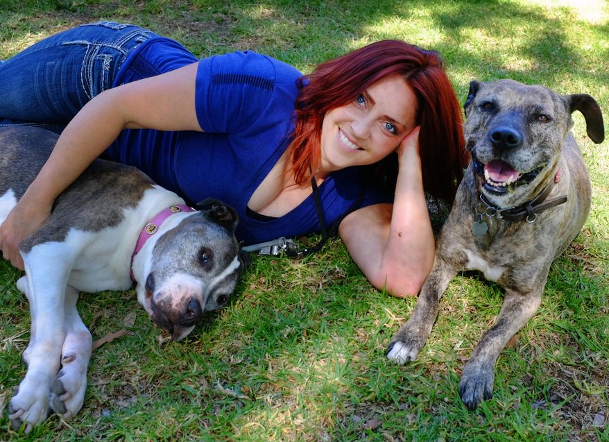 This Friday, May 2, 2014 photo Lori Fusaro sits with Sunny, right an 18 year old Pit Bull and Gabi, 11, in the Culver City section of Los Angeles. Fusaro is set to publish a book called "My Old Dog" in the spring of 2015. She's shot thousands of photos for Los Angeles Animal Services, which puts old (and young) dogs on their website in hopes they will attract exactly the right owner. (AP Photo/Richard Vogel)