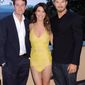 In this photo taken on Tuesday, May 20, 2014, from left, television personality Ben Lyons, actress Jacqueline MacInnes Wood and actor Kellan Lutz pose prior to a dinner at the Terre Blanche Hotel Spa Golf Resort in Tourrettes, France. Guests were invited to the property as a break from the Cannes Film Festival which is taking place in nearby Cannes. (AP Photo/Nekesa Moody)
