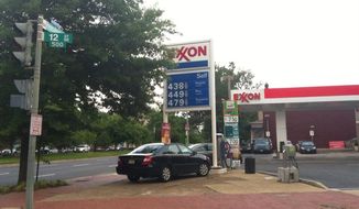 The price of gas at a D.C. station on Capitol Hill was $4.38 per gallon on May 20, well above the city average of $3.87 per gallon and the regional average of $3.64 per gallon (Andrea Noble/The Washington Times) 
