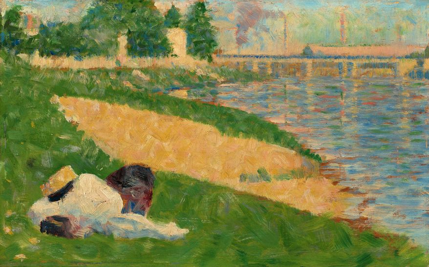 This image provided by the National Gallery of Art shows Georges Seurat's "The Seine with Clothing on the Bank – Study for 'Bathers at Asnieres'" that has been transferred to the National Gallery of Art from the estate of Paul Mellon. Paintings, sculptures and other works are among 110 objects bequeathed to the museum from the estate of museum benefactor Mellon after his death in 1999. They remained in the care of his widow, Rachel "Bunny: Mellon, at their Virginia home until her death in March. (AP Photo/National Gallery of Art)