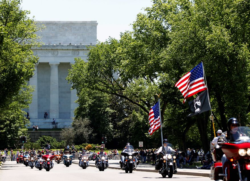 Thousands will ride motorcycles around the monuments Sunday in honor of POWs and MIAs in Rolling Thunder's 27th annual ride. (Associated Press Photographs)