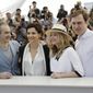 From left, director Olivier Assayas, actress Juliette Binoche, actress Chloe Grace Moretz, and actor Lars Eidinger pose for photographers during a photo call for Sils Maria at the 67th international film festival, Cannes, southern France, Friday, May 23, 2014. (AP Photo/Thibault Camus)