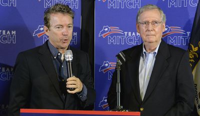 Kentucky Senators Rand Paul, left, and Mitch McConnell address the media during a news conference following Mr. McConnell&#39;s victory in the republican primary on May 23 in Louisville, Ky. Columnist Christine O&#39;Donnell says all Republicans must work together as both Tea Partyers and establishment Republicans need an attitude adjustment. (Associated Press)
