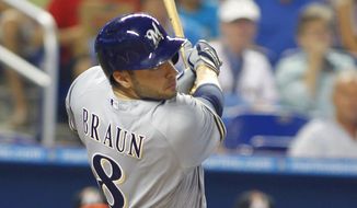 Milwaukee Brewers&#39;  Ryan Braun flies out to right field in the first inning of play against the Miami Marlins in a baseball game in Miami, Saturday, May 24, 2014. Braun returned to the lineup following a flare-up of an oblique strain that put him on the disabled list earlier in the season. (AP Photo/Joe Skipper)