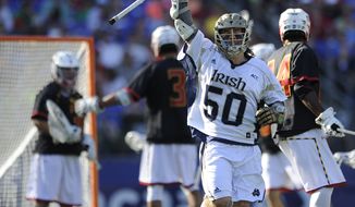 Notre Dame&#39;s Matt Kavanagh reacts after scoring against Maryland in the second half of an NCAA semi-final lacrosse game Saturday, May 24, 2014, in Baltimore. Notre Dame won 11-6.(AP Photo/Gail Burton)