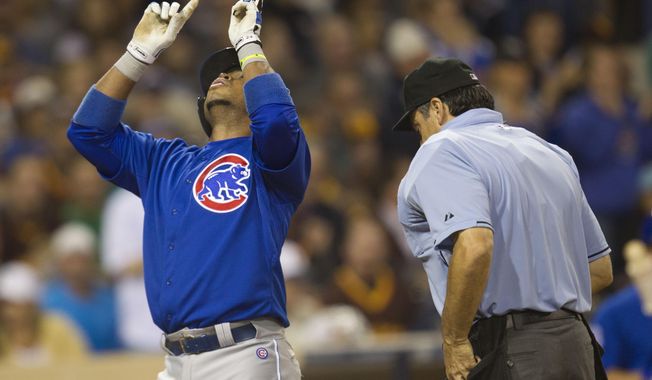 Chicago Cubs&#x27; Luis Valbuena reacts to hitting a home run in the sixth inning of a baseball game against the San Diego Padres, Saturday, May 24, 2014, in San Diego. (AP Photo/Sean M. Haffey)