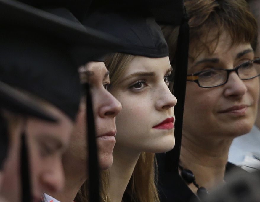 Actress Emma Watson, center right, attends commencement services on the campus of Brown University, Sunday, May 25, 2014, in Providence, R.I. The actress, best known for her role as Hermione Granger in the “Harry Potter” movies, is to graduate with a bachelor&#x27;s degree in English literature from the Ivy League university. (AP Photo/Steven Senne)