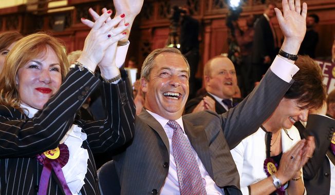 Nigel Farage, leader of Britain&#x27;s UK Independence Party (UKIP). (AP Photo)