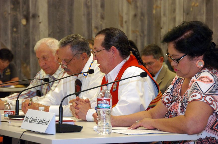 Leaders of American Indian tribes in Montana address a U.S. Senate committee during a Tuesday hearing on the Indian Health Service in Billings, Mont. Pictured from left are Northern Cheyenne President Llevando Fisher, Assiniboine and Sioux Tribes Chairman A.T. "Rusty" Stafne, Fort Belknap Indian Community President Mark Azure and Confederated Salish and Kootenai Tribes Vice-chair Carole Lankford. (AP Photo/Matthew Brown)