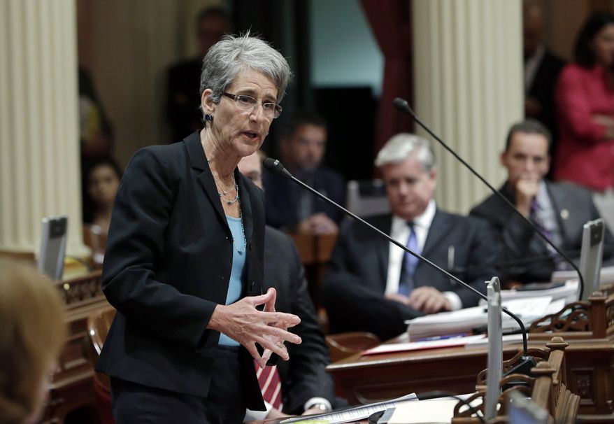 State Sen. Hannah-Beth Jackson, D-Santa Barbara, calls for lawmakers to do more to deter the type of violence that killed six young people is her district over last Friday, Tuesday, May 27, 2014, at the Capitol in Sacramento, Calif. Lawmakers say the state Legislature needs to do more to deter the type of violence carried out by 22-year-old Elliot Rodger, who killed six people and injured 13 others in the shooting and stabbing attacks Friday night in the Isla Vista community near campus of the University of California, Santa Barbara. (AP Photo/Rich Pedroncelli)