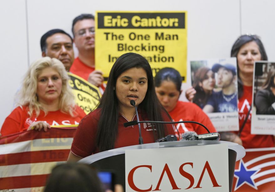 Yanet Limon-Amado, of Henrico, Va., speaks during an immigration rally at the Capitol in Richmond, Va., Wednesday, May 28, 2014. Speakers have asked House Majority Leader Eric Cantor to call a vote on comprehensive immigration reform. Cantor is getting pressured from both sides over immigration as his Republican primary election nears and the window for legislative action narrows.  (AP Photo/Steve Helber)