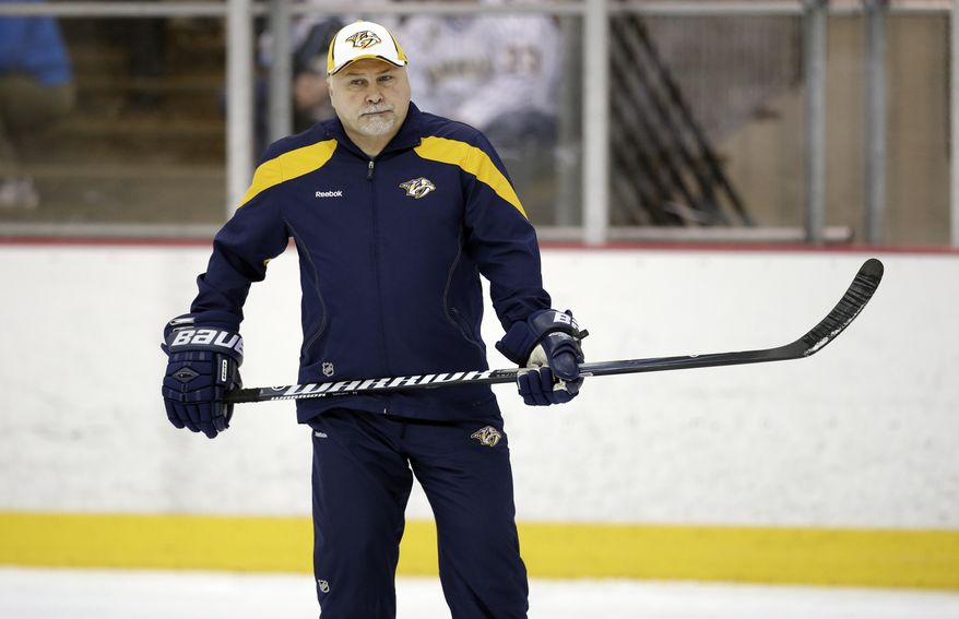 Nashville Predators head coach Barry Trotz watches during NHL hockey training camp on Monday, Jan. 14, 2013, in Nashville, Tenn. The shortened, 48-game season begins Saturday, January 19. (AP Photo/Mark Humphrey)