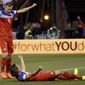 United States&#39; Mix Diskerud, bottom, celebrates his goal with teammate Aron Johannsson, left, during the second half of an international friendly soccer match against Azerbaijan on Tuesday, May 27, 2014, in San Francisco. United States won 2-0. (AP Photo/Marcio Jose Sanchez)