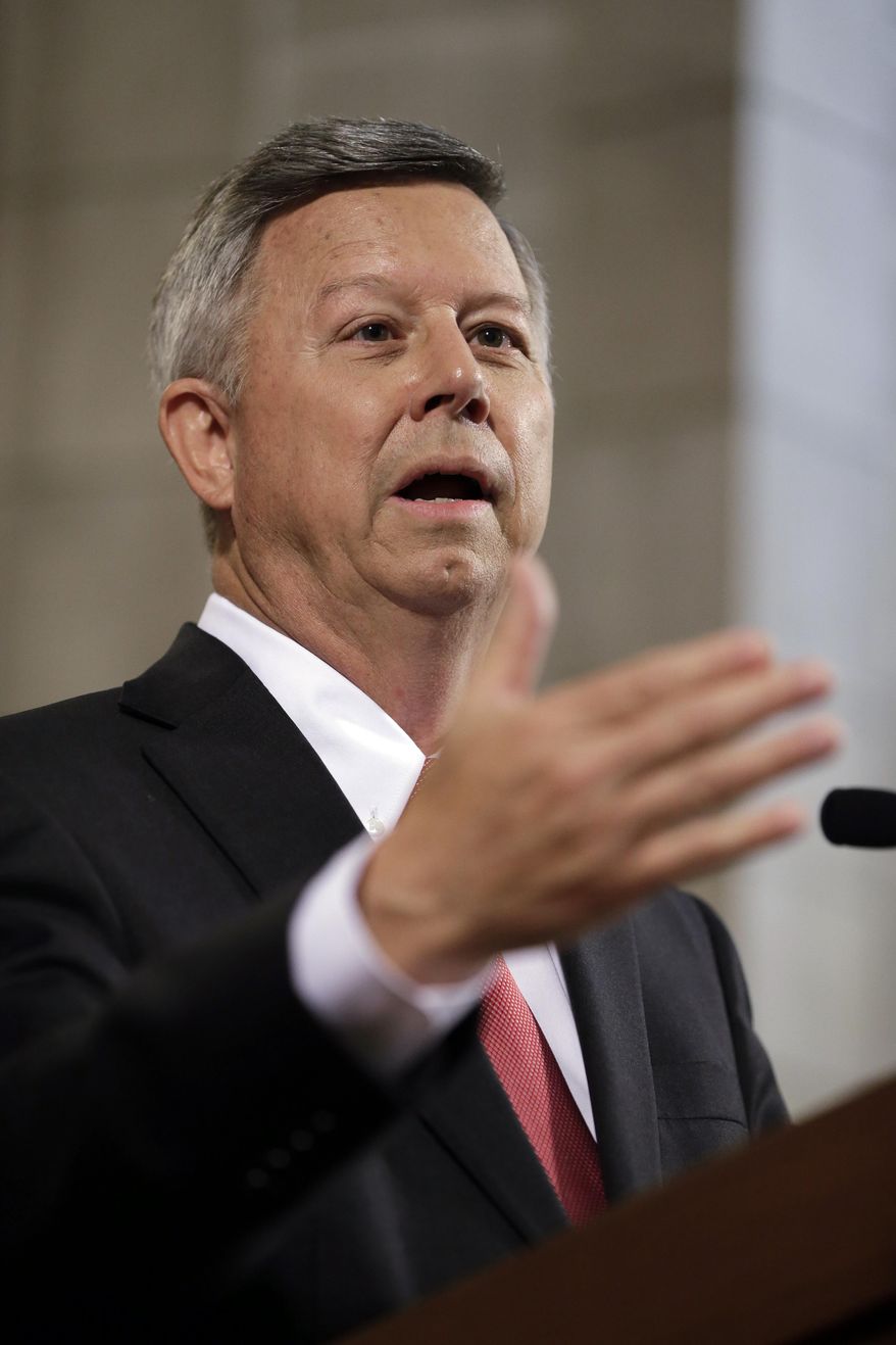 Nebraska Gov. Dave Heineman speaks at a news conference in Omaha, Neb., Wednesday, May 28, 2014. Gov. Heineman announced he had applied for the University of Nebraska presidency, little more than a week after he publicly expressed interest in the job. The presidency came open with the departure of J.B. Milliken, who became chancellor of the City University of New York. (AP Photo/Nati Harnik)