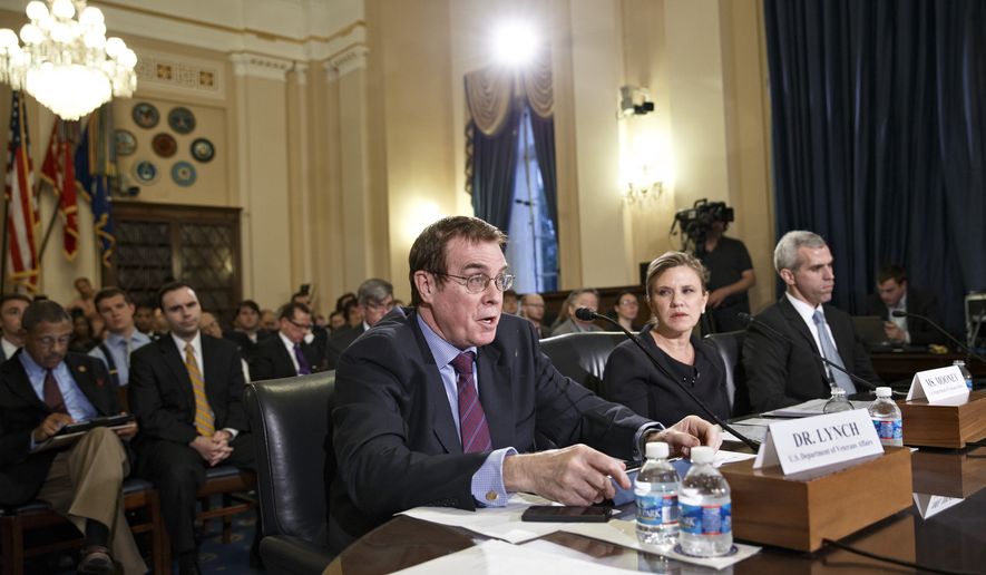 From left, Dr. Thomas Lynch, the assistant deputy under secretary for health for clinical operations at the Veterans Health Administration, Joan Mooney, the assistant secretary for congressional and legislative affairs at the Department of Veterans Affairs, and Michael Huff, a congressional relations officer with the Department of Veterans Affairs, testify as the House Committee on Veterans&#39; Affairs hears from the three witnesses about allegations of gross mismanagement and misconduct at VA hospitals possibly leading to patient deaths, on Capitol Hill in Washington, Wednesday, May 28, 2014. (AP Photo/J. Scott Applewhite)