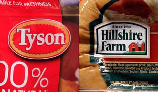 This combo made with file photos shows a package of frozen Tyson Chicken Nuggets, left, and a package of Hillshire Farm sausage, in Palo Alto, Calif. Two days after poultry producer Pilgrim’s Pride made a $5.58 billion dollar bid for the maker of Ball Park hot dogs and Jimmy Dean sausages, Tyson Foods Co. on Thursday, May 29, 2014 sweetened the pot with a $6.2 billion offer. The deal sent Hillshire shares up 14 percent in premarket trading. (AP Photo/Paul Sakuma, File)