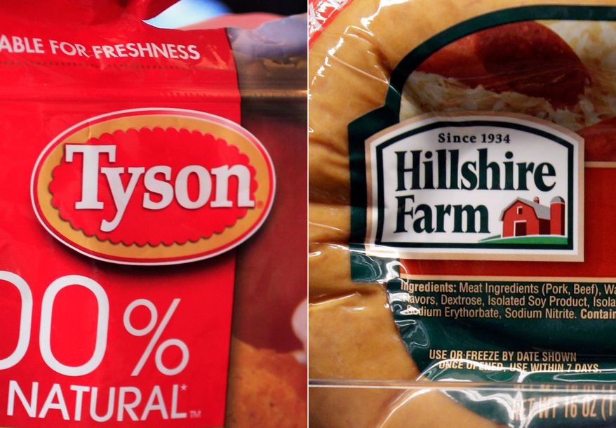 This combo made with file photos shows a package of frozen Tyson Chicken Nuggets, left, and a package of Hillshire Farm sausage, in Palo Alto, Calif. Two days after poultry producer Pilgrim’s Pride made a $5.58 billion dollar bid for the maker of Ball Park hot dogs and Jimmy Dean sausages, Tyson Foods Co. on Thursday, May 29, 2014 sweetened the pot with a $6.2 billion offer. The deal sent Hillshire shares up 14 percent in premarket trading. (AP Photo/Paul Sakuma, File)